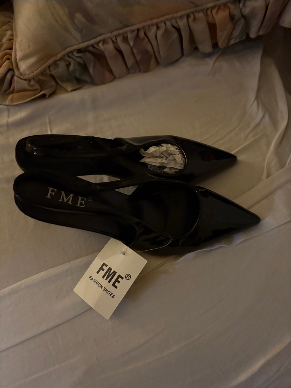 FME Australia Black Patent Pointed Slingback Pumps